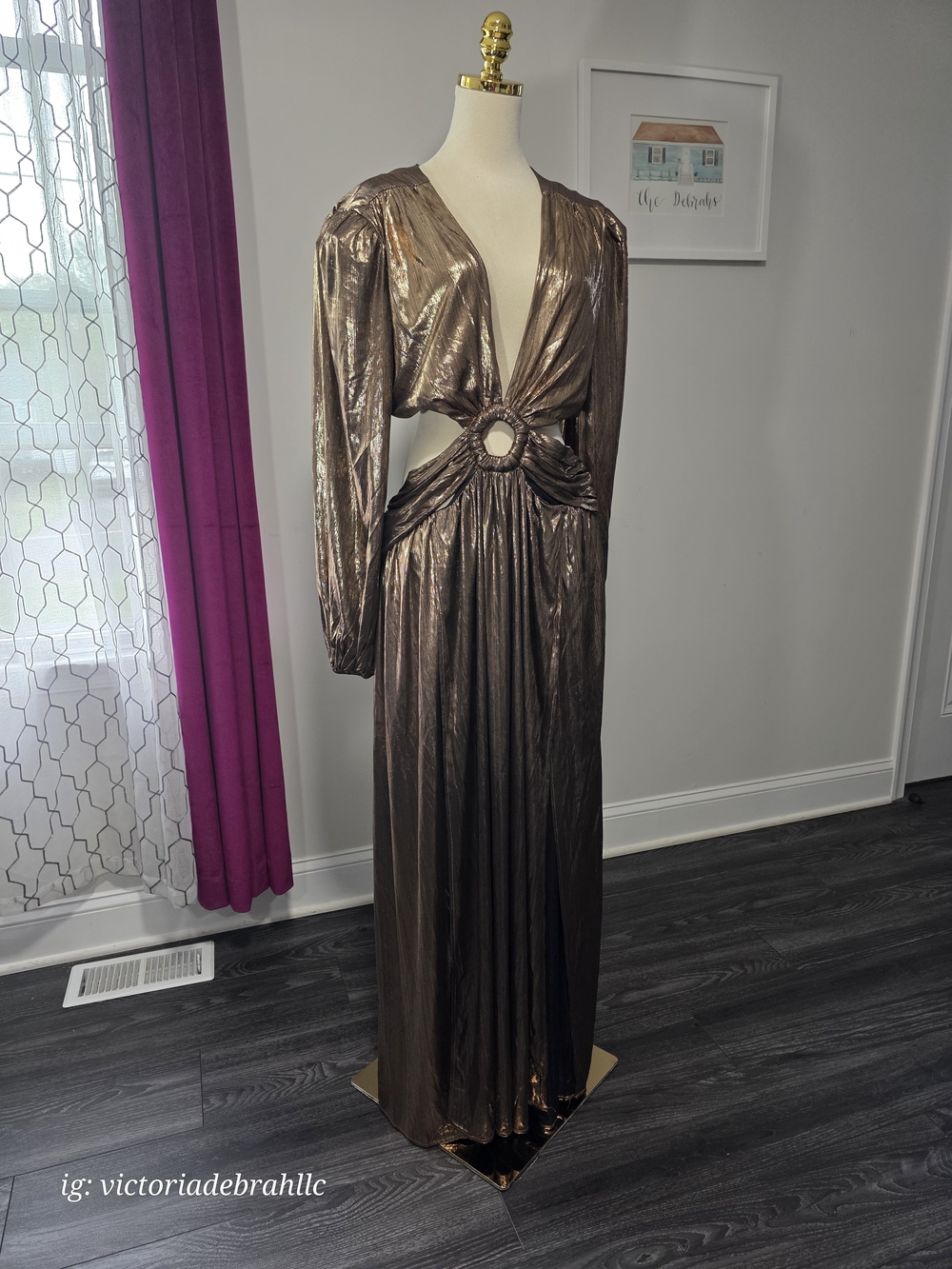 Metallic Bronze Cutout Maxi Dress with Ring Detail